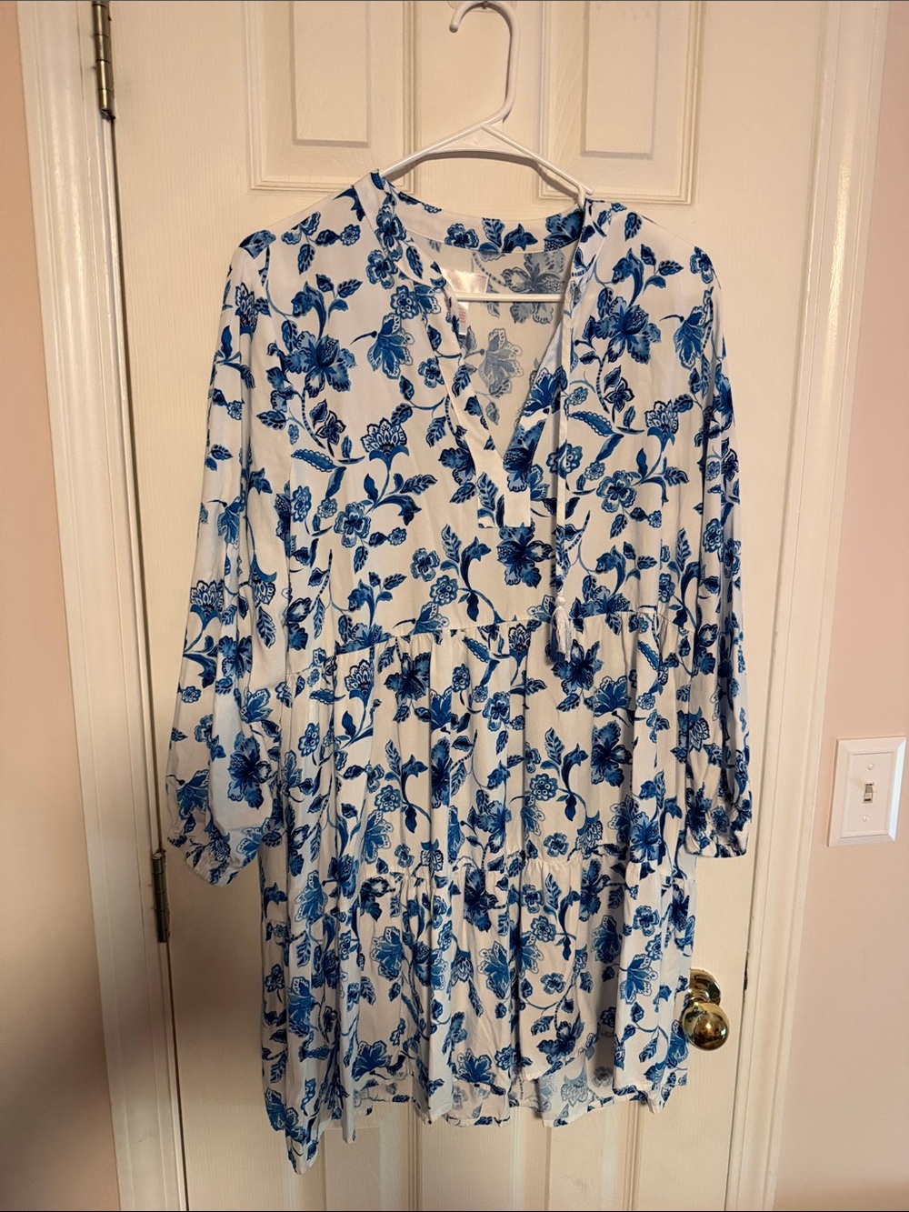 White and Blue Floral Long-Sleeve Tiered Dress